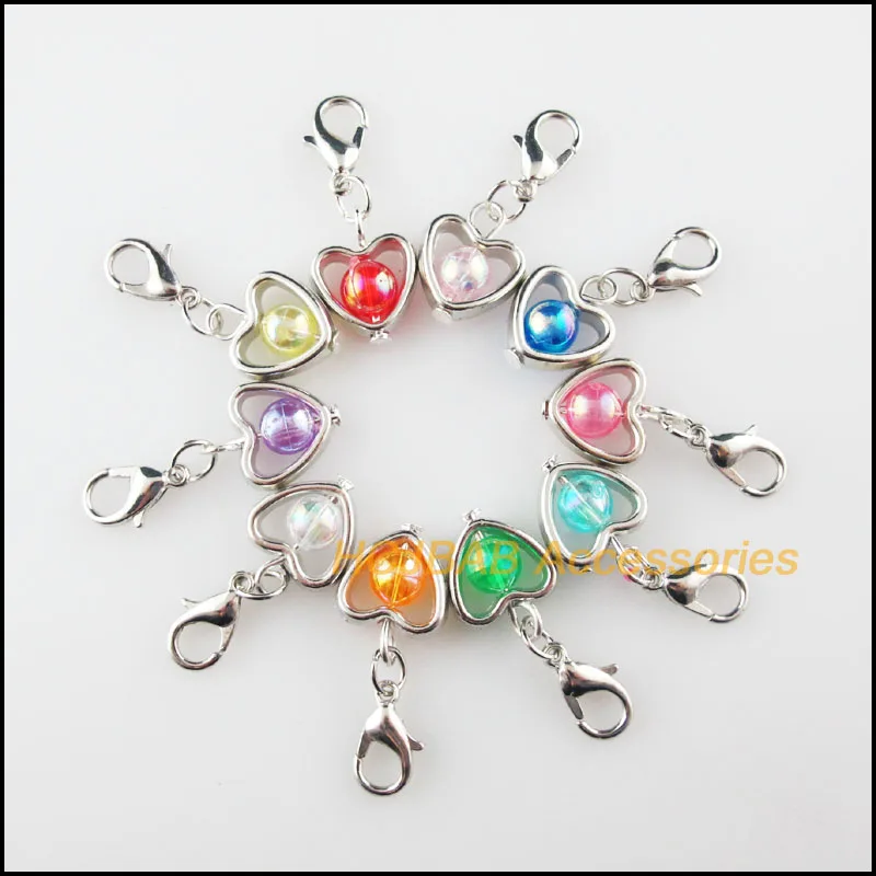 20 New Heart Charms Mixed Mirage Resin Dull Silver Plated With Lobster Claw Clasps Frame Pendants 12x15mm