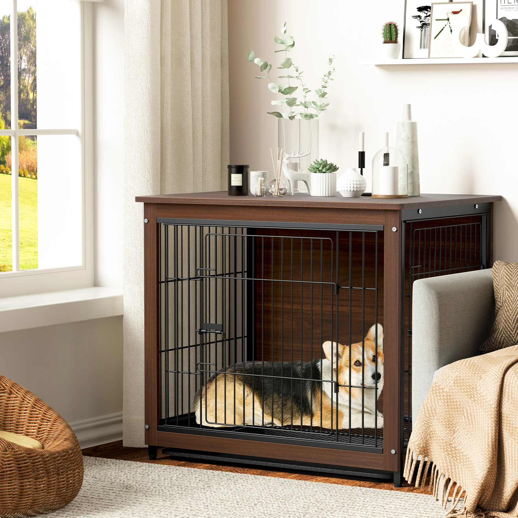 Dog Kennel Indoor Robust Wooden Cage Crate Pet House Dual Door Vintage End Table