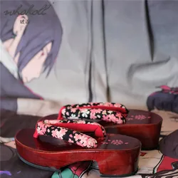 WHOHOLL Women Red Geta Japanese Wood Clogs Slippers For Women Summer Flip Flops Sakura Print Cosplay Women Shoes Plus Size 42