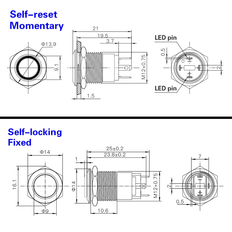 12mm Metal Button Switch Momentary Latching Type Electrical Power Button Fixed Switch 3V 6V 12V 24V 220V LED Light