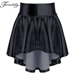 Kids Girls Shiny Metallic Figure Skating Skirt Solid Color Ruffle Irregular Hem Ballet Dance Skirt Stage Performance Costumes