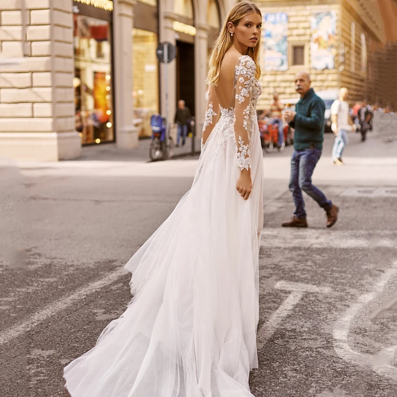 Vestido de novia bohemio de manga larga, prenda Sexy con corte lateral, Apliques de encaje, Estilo Vintage, escote en V