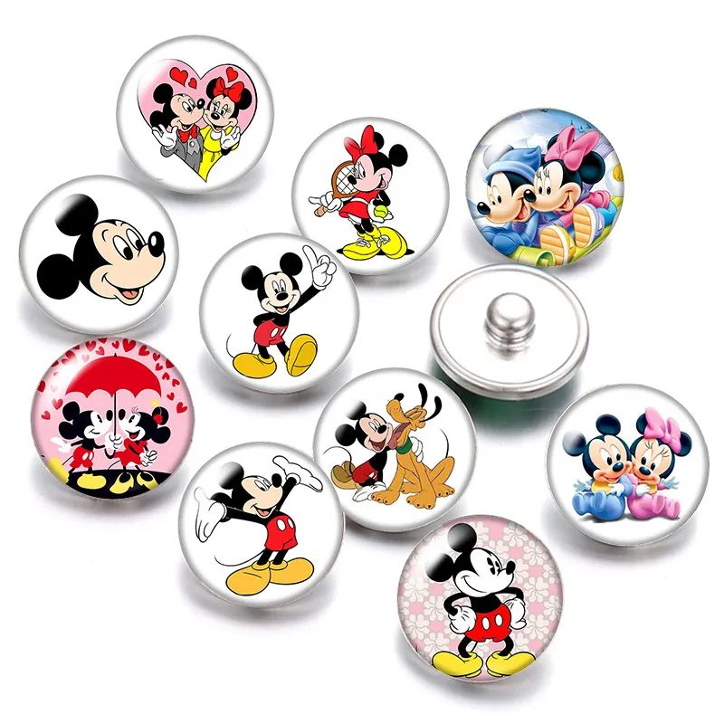 Mickey Minnie Mouse Pooh Donald 10pcs Round photo glass cabochon 18mm snap buttons for 18mm snap bracelets jewelry wholesale