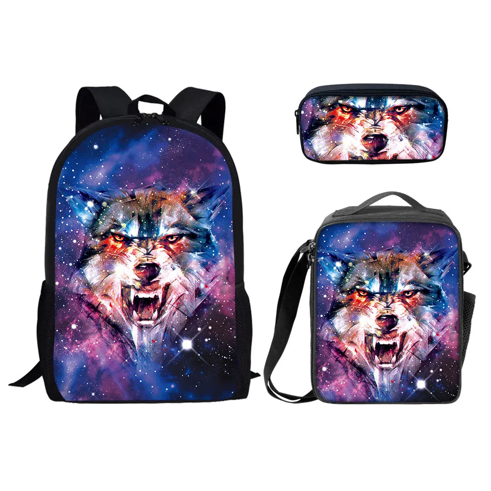 ELVISWORDS Custom Backpacks 3Pcs/Set Starry Sky Wolf Printed School Bags Travel Rucksack For Teenager Orthopedic School Backpack