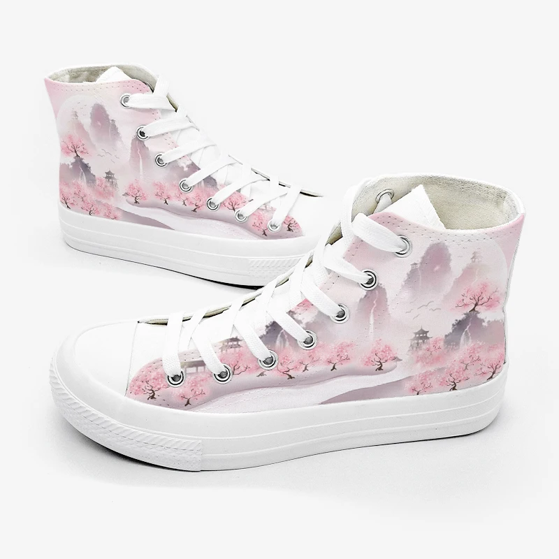 Amy and Michael Original Design New Fashion Women Canvas Sneakers Chinoiserie Landscape Hand Painted Woman Vulcanize Shoes