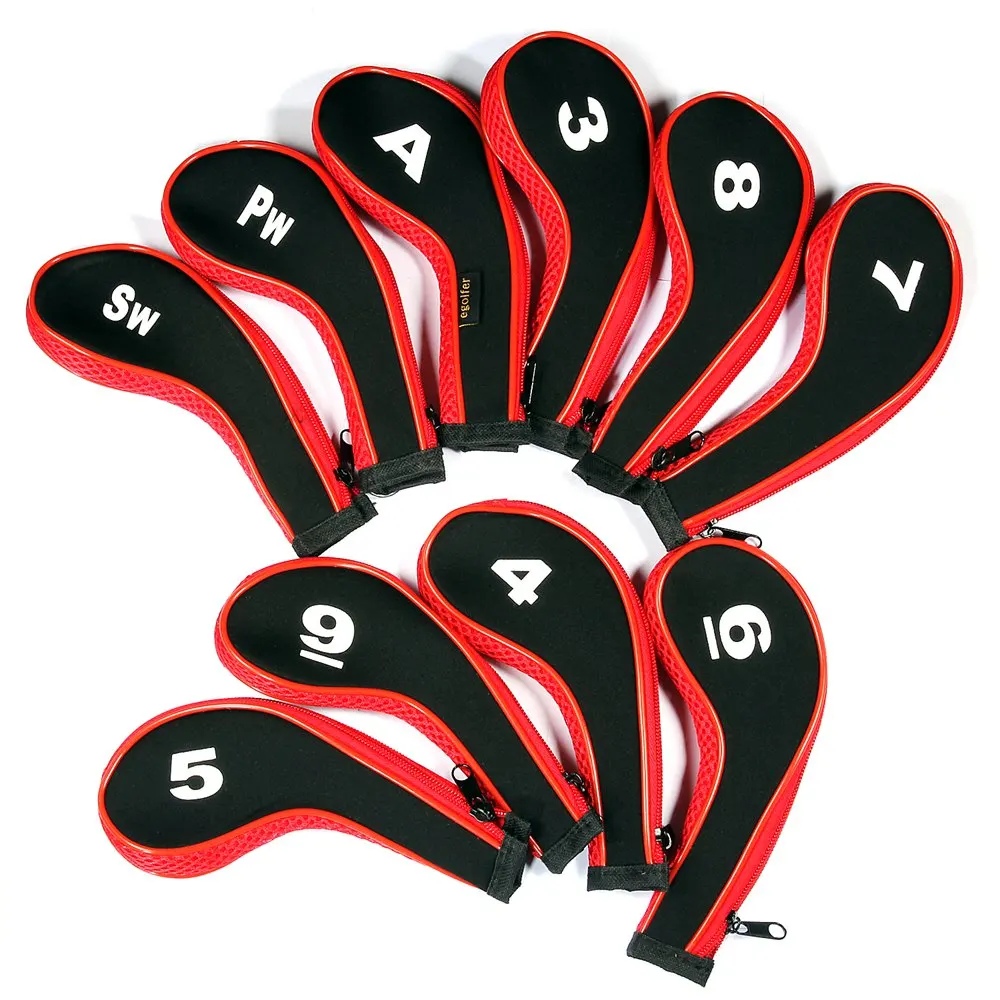 High Quality 10Pcs Rubber Neoprene Golf Head Cover Golf Club Iron Putter Protect Set Number Printed with Zipper Long Neck