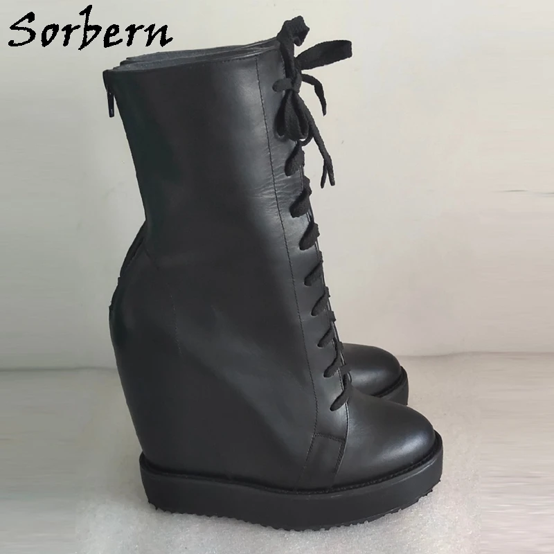 Sorbern Black Cow Real Leather Boots Women Wedges High Heel Sneakers Round Toe Platform 15Cm Plus Size Eu42 Ankle Booties