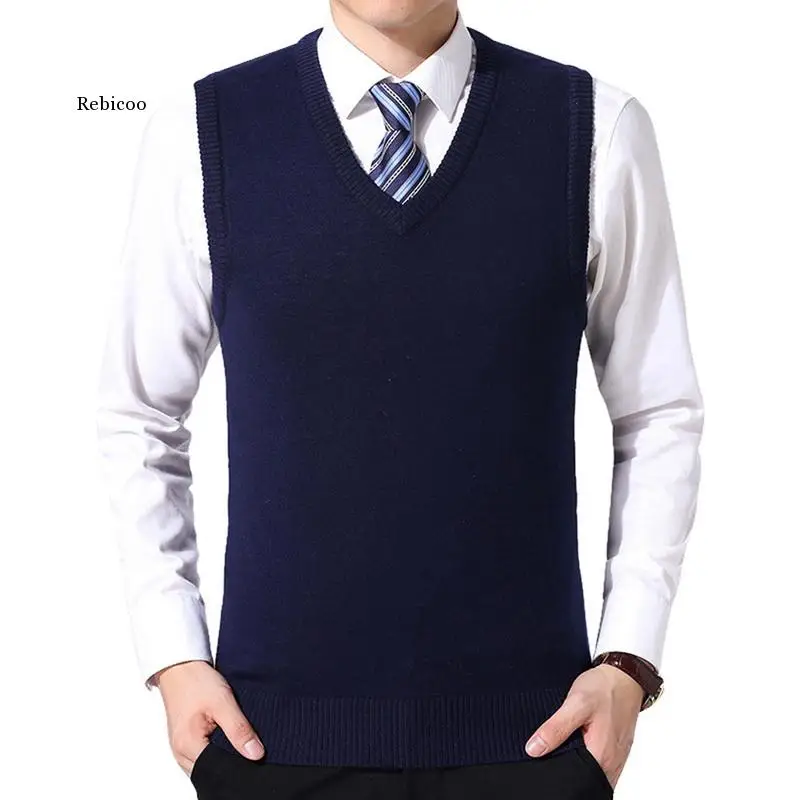

Men Knitting Sweater Vest Solid Color Cashmere Sweaters Sleeveless Pullover Men V-Neck Slim Knitted Waistcoat
