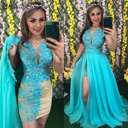 Vestidos 2 Pieces Prom Dresses Blue Lace Appliques Beading Pearls Detachable Chiffon Formal Evening Gowns Graduation Robes