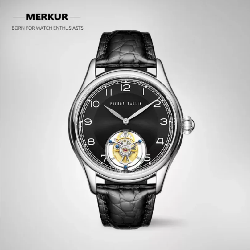 Vintage Style Flying Tourbillon MERKUR Genuine Mechanical Skeleton Mens Watch Complicated Luxury Alligator Strap Relogio