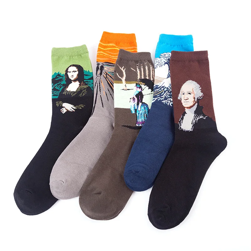 1Pairs Hot Sale Classic Autumn Winter Retro Women Personality Art Van Gogh Mural World Famous Painting Female Sock Oil Socks