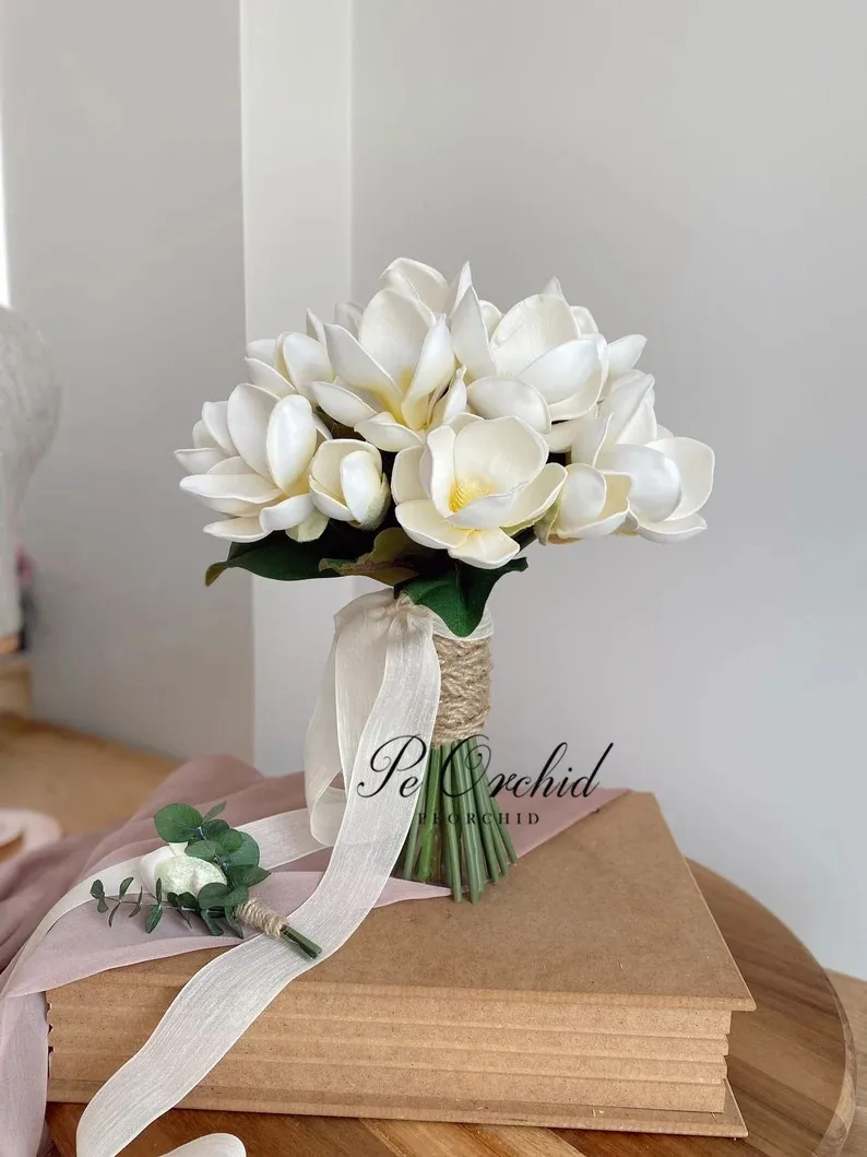 PEORCHID Boho Magnolia Bridal Bouquet Wedding Decoration Silk Artificial Flowers For Bridemand Orchid Bride Bouquet Custom