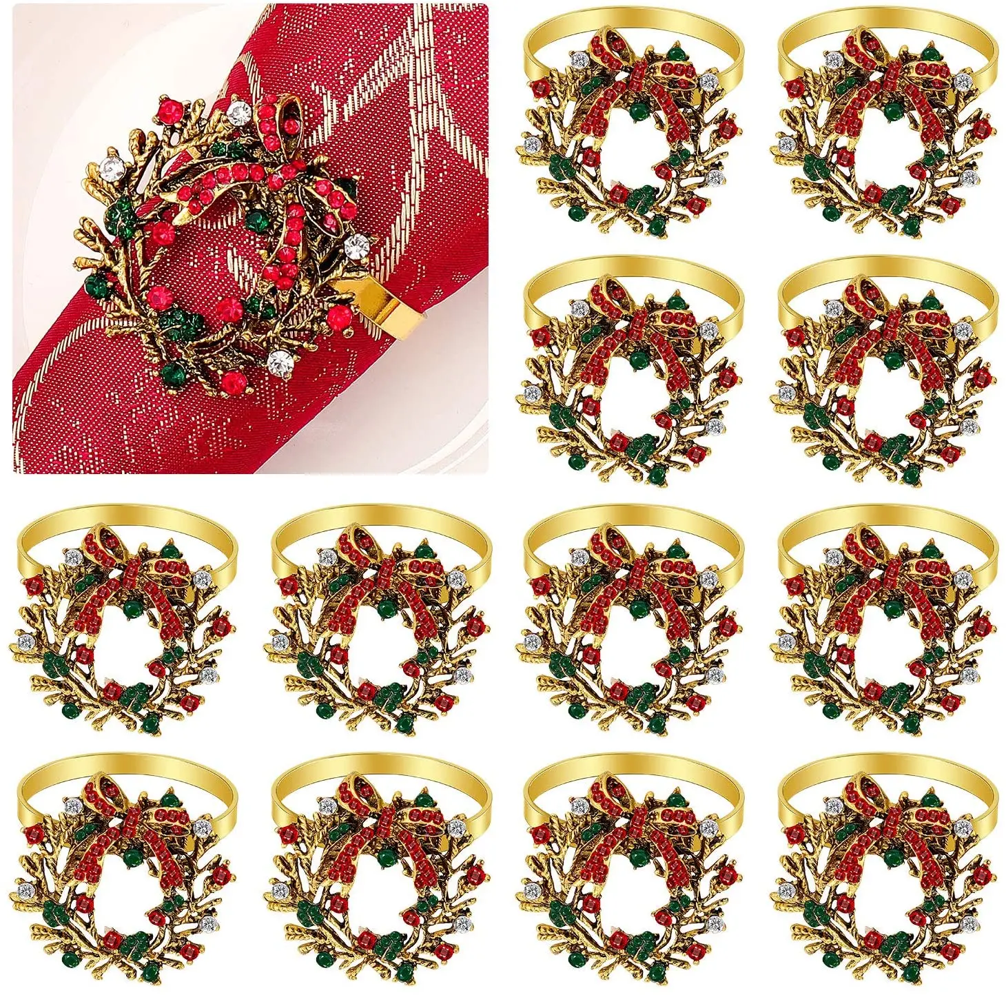 

12pcs/lot Christmas wreath golden napkin buckle diamond napkin ring hotel party wedding banquet table decoration