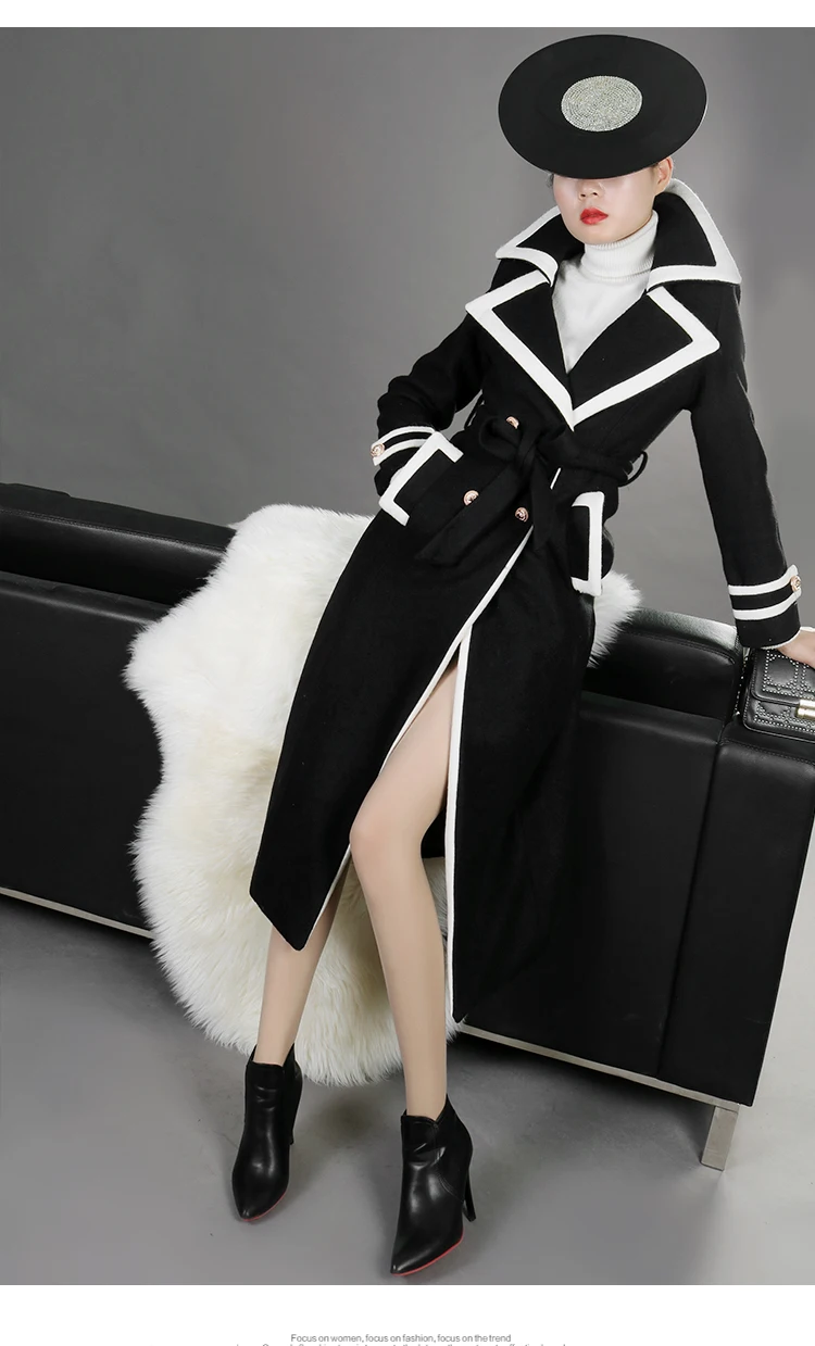 X-long Suit fabric jacket female autumn temperament long sleeve over the knee Hepburn double breasted Lapel belted jacket F372