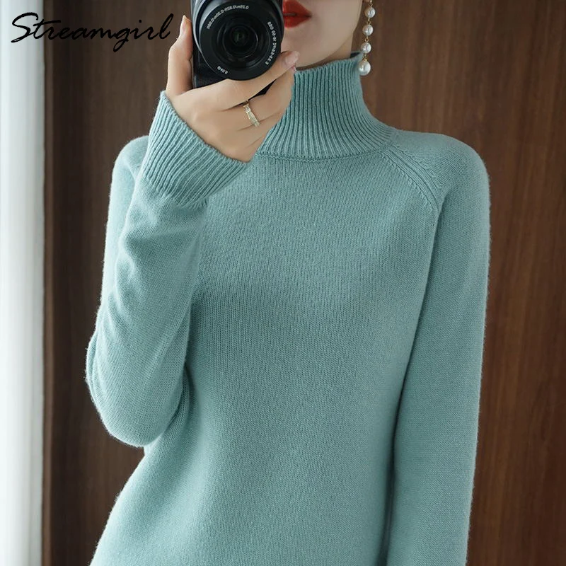 Streamgirl Winter Sweater Women Turtleneck Pullovers Solid Knitted Tops White Turtleneck Sweaters For Women Spring Blue Sweater