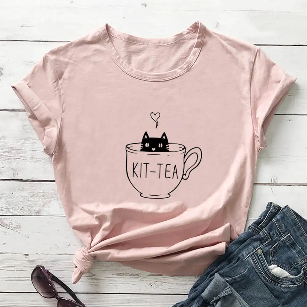 Cat In The Cup 100%Cotton Print Women Tshirt Women's Funny Summer Casual Short Sleeve Top Cat Momlife Shirt Pet Lover Gift