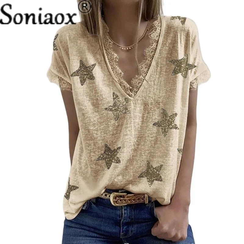 

Large Size Cotton V-Neck Short Sleeve Tops For Summer 2021 Women Fashion Casual Loose Star printing Lace Splice Ladies T-Shirts