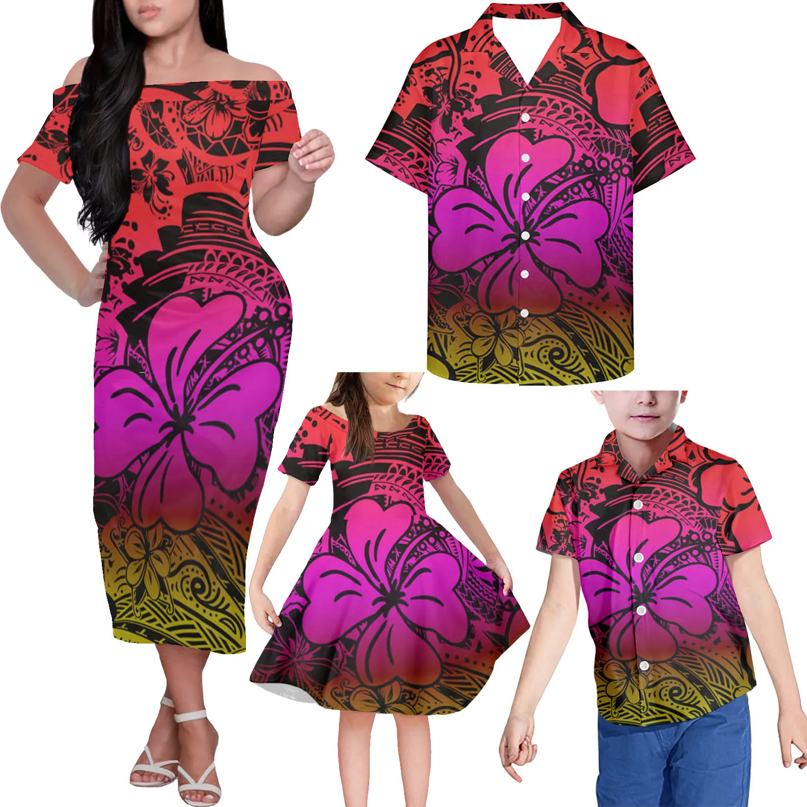 

HYCOOL Hibiscus Print Gradient 4pcs Family Matching Outfits For Party Off Shoulder Mommy And Me Floral Dress Custom Logo Kid Set