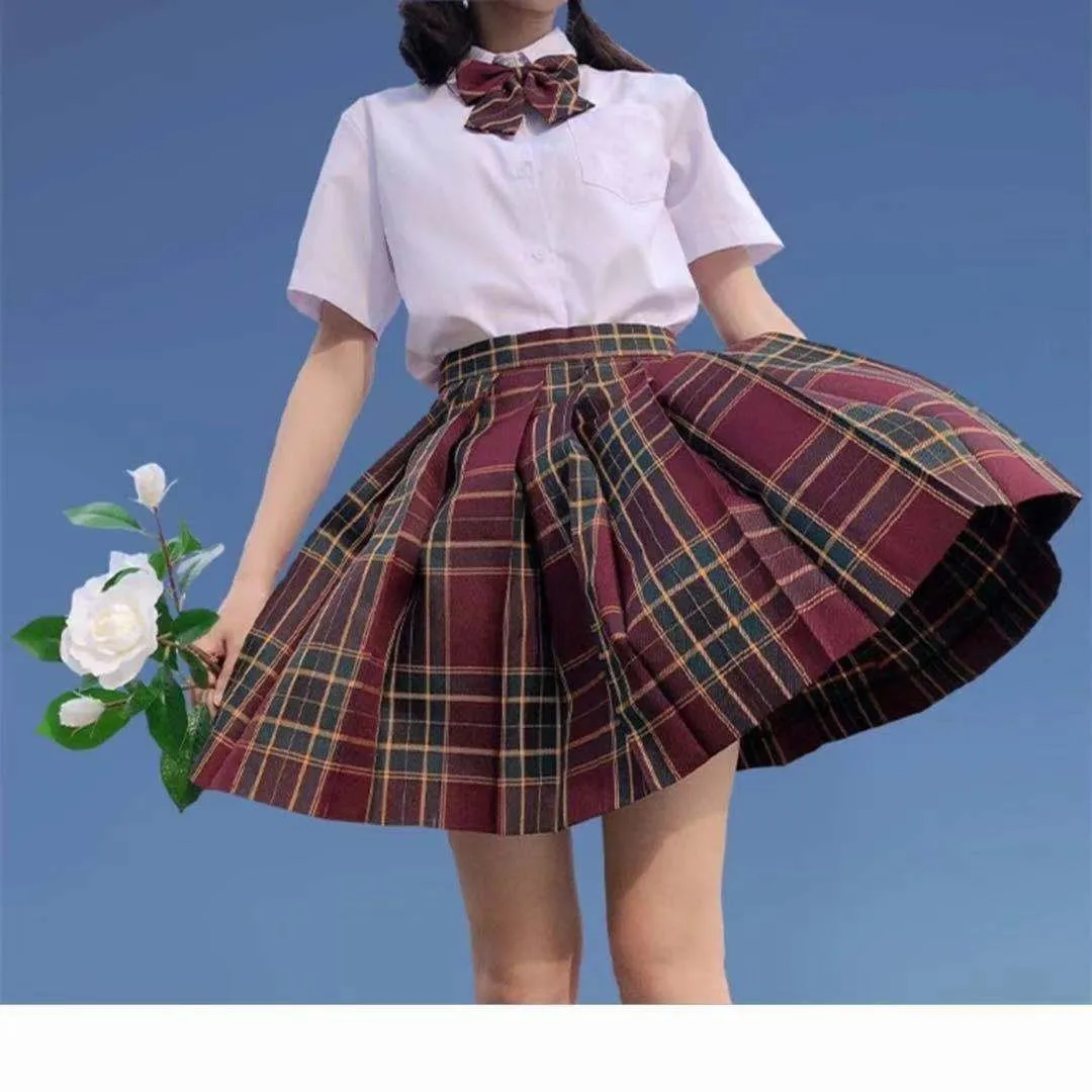 Jk uniforme escolar de verão, saia xadrez vermelha, para meninas, curtas/longas, cintura alta, plissadas, roupas de estudante