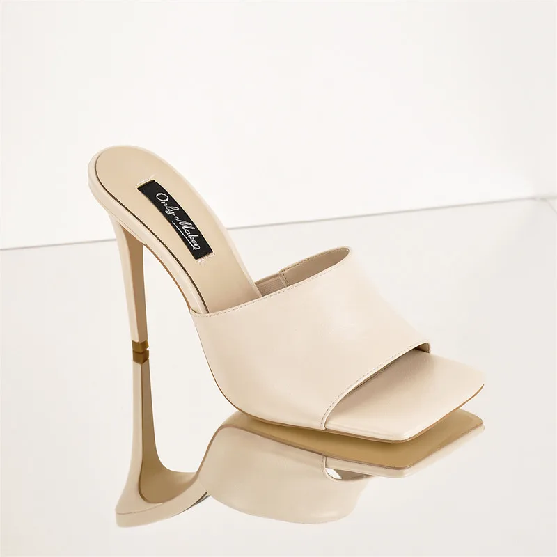Onlymaker Square Toe Mules Slip On Beige Thin High Sandals Big Size US5~US15
