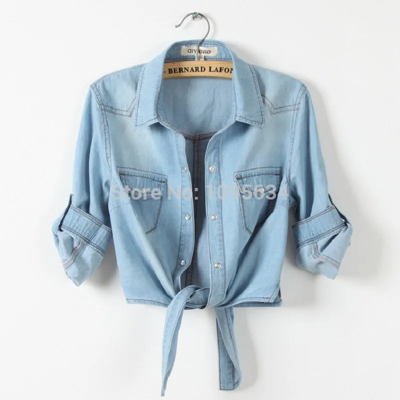 Women Spring Autumn Lightweight Denim Jacket Chic Half-sleeve Cardigans Turn-down Collar Lace-up Design Shirt