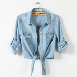 Women Spring Autumn Lightweight Denim Jacket Chic Half-sleeve Cardigans Turn-down Collar Lace-up Design Shirt