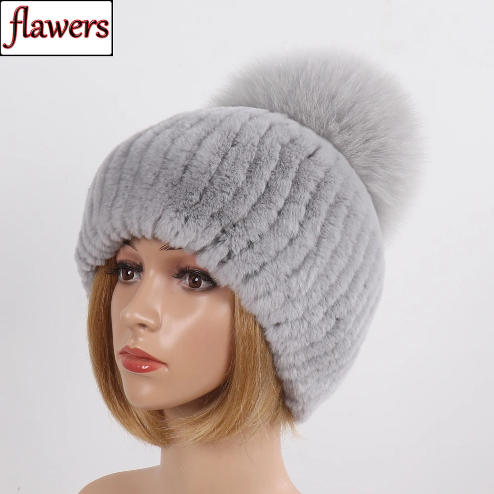 

Fur Hat For Female With Luxury Fluffy Fox Fur Ball Russian Hats New Women Winter Warm Genuine Rex Rabbit Fur Striped Benies Hats