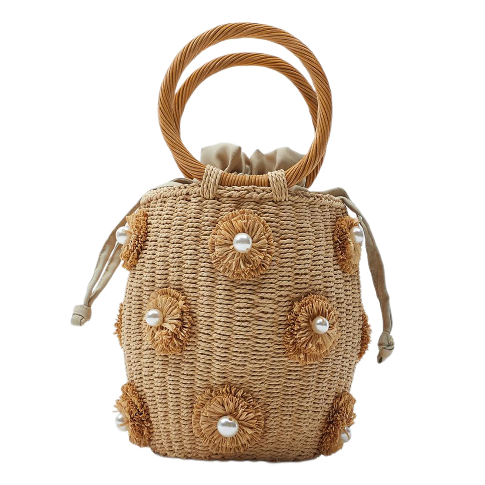 Straw Handbag Women Tote Bag Shoulder Bag 18.5x14x13cm Rattan Knitted Purse