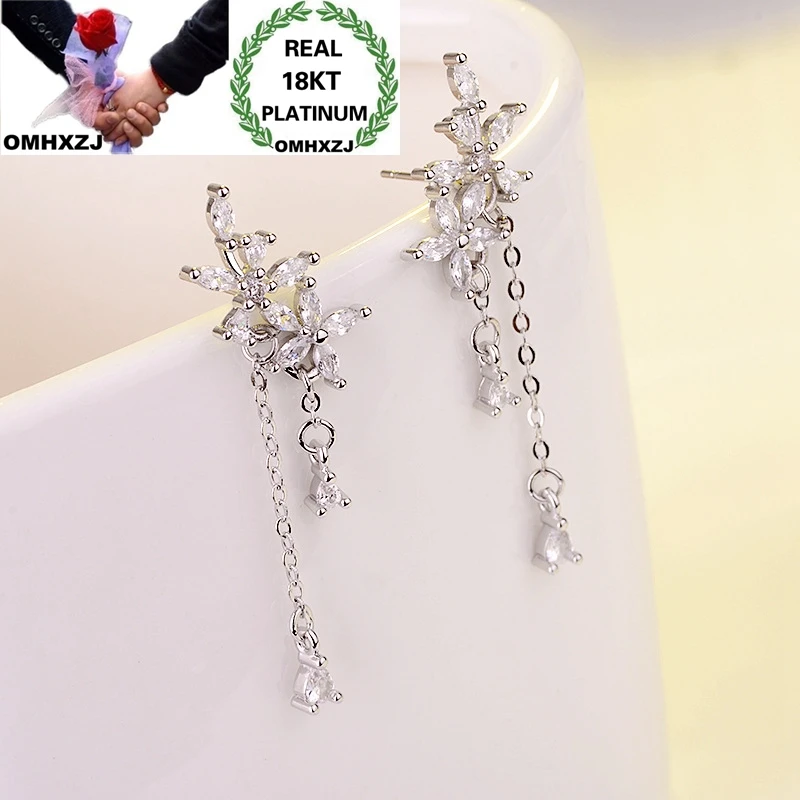 OMHXZJ Wholesale European Fashion Woman Girl Birthday Wedding Gift Flower Tasssel AAA Zircon 18KT White Gold Stud Earrings EA529