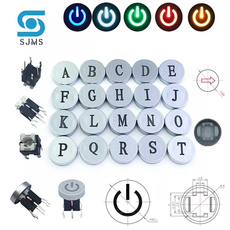 5Pcs 6*6*9.5mm 6PIN DIP Through Hole Micro Push Button Tactile Momentary With LED Switch Cap  Letter A-T ABCDEFGHIJKLMNOPQ R S T