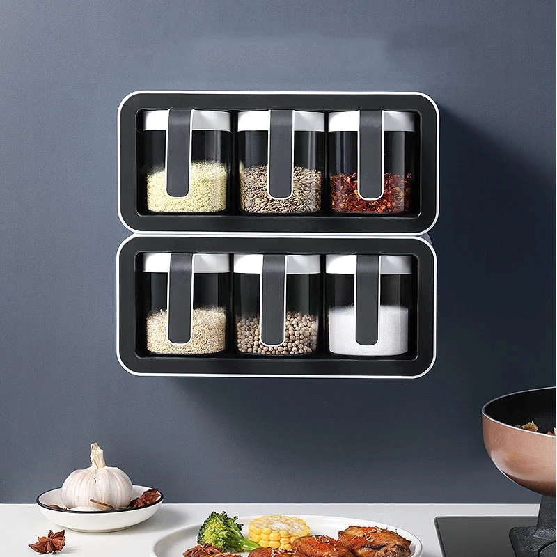 Wall Mount Spice Rack Organizer Sugar Bowl, Salt Shaker Seasoning Container Spice Boxes with Spoons Kitchen Supplies Storage Set