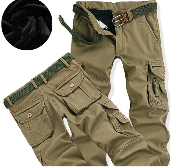 Calça cargo masculina, calça grossa de inverno, calça de comprimento total, com bolsos multi, casual, militar, baggy, calça tática, plus size 28-40