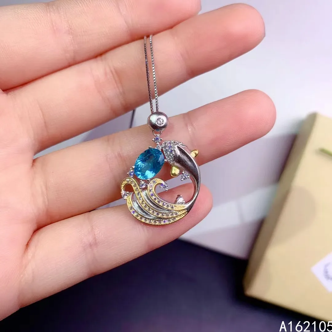 Fine jewelry 925 pure silver inlaid natural Apatite girl luxury classic fish Chinese style gem pendant necklace support detectio