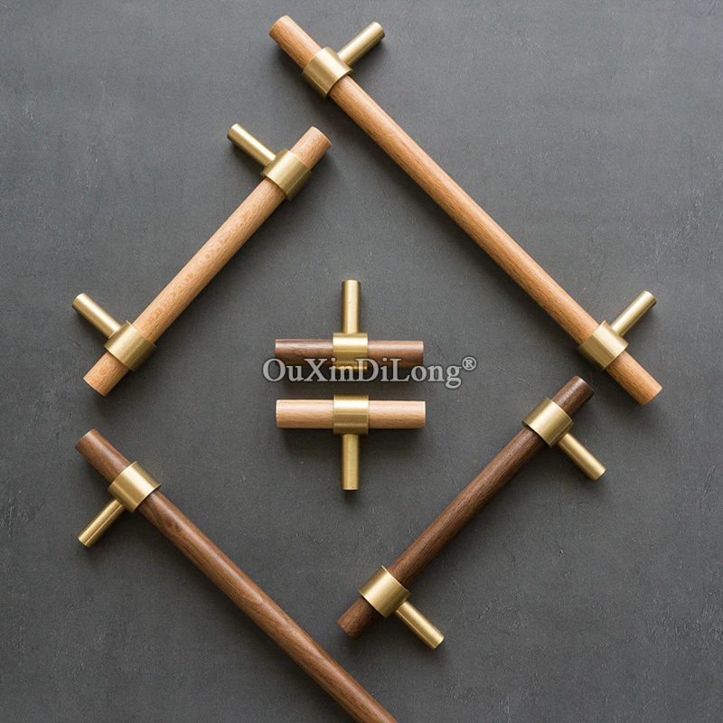 

1PCS Wooden + Brass Furniture Handles Kitchen Cabinet Door Knobs Drawer Pulls Beech Wooden Handles for Furniture Pens GF466