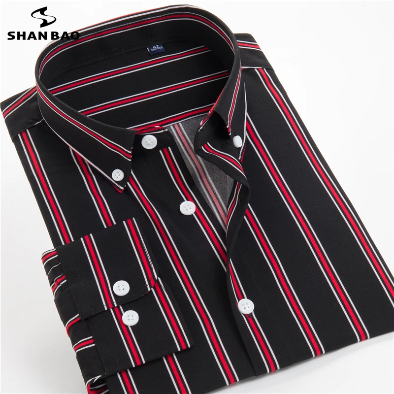 SHAN BAO 2021 autumn brand new elastic loose striped long-sleeved shirt classic style business gentleman men's plus size shirt