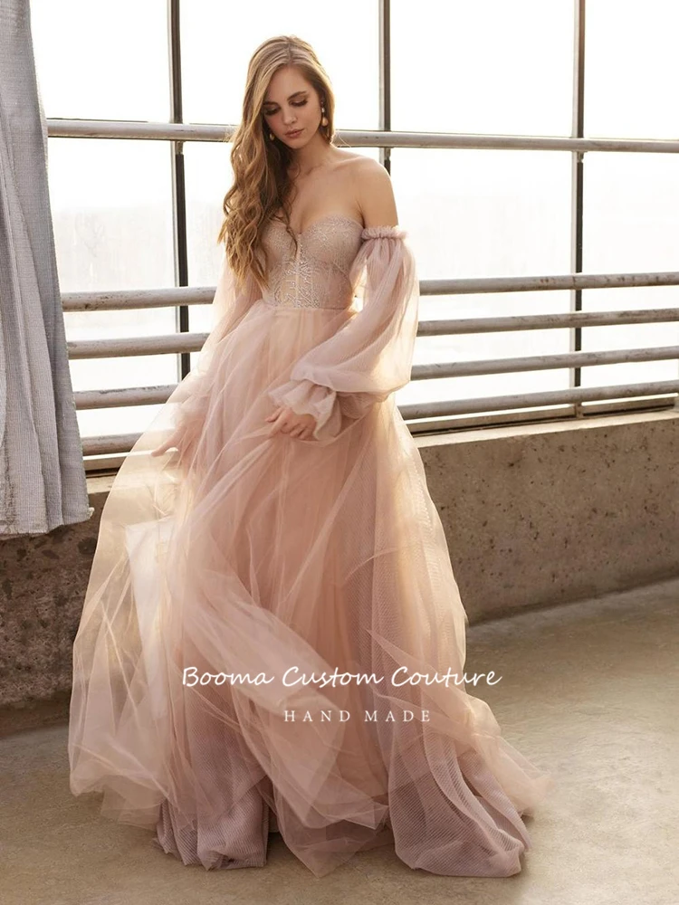 Dusty Pink Prom Dresses Off Shoulder Long Sleeves Princess Party Dresses Pleated Tulle A-Line Formal Evening Gown Customized