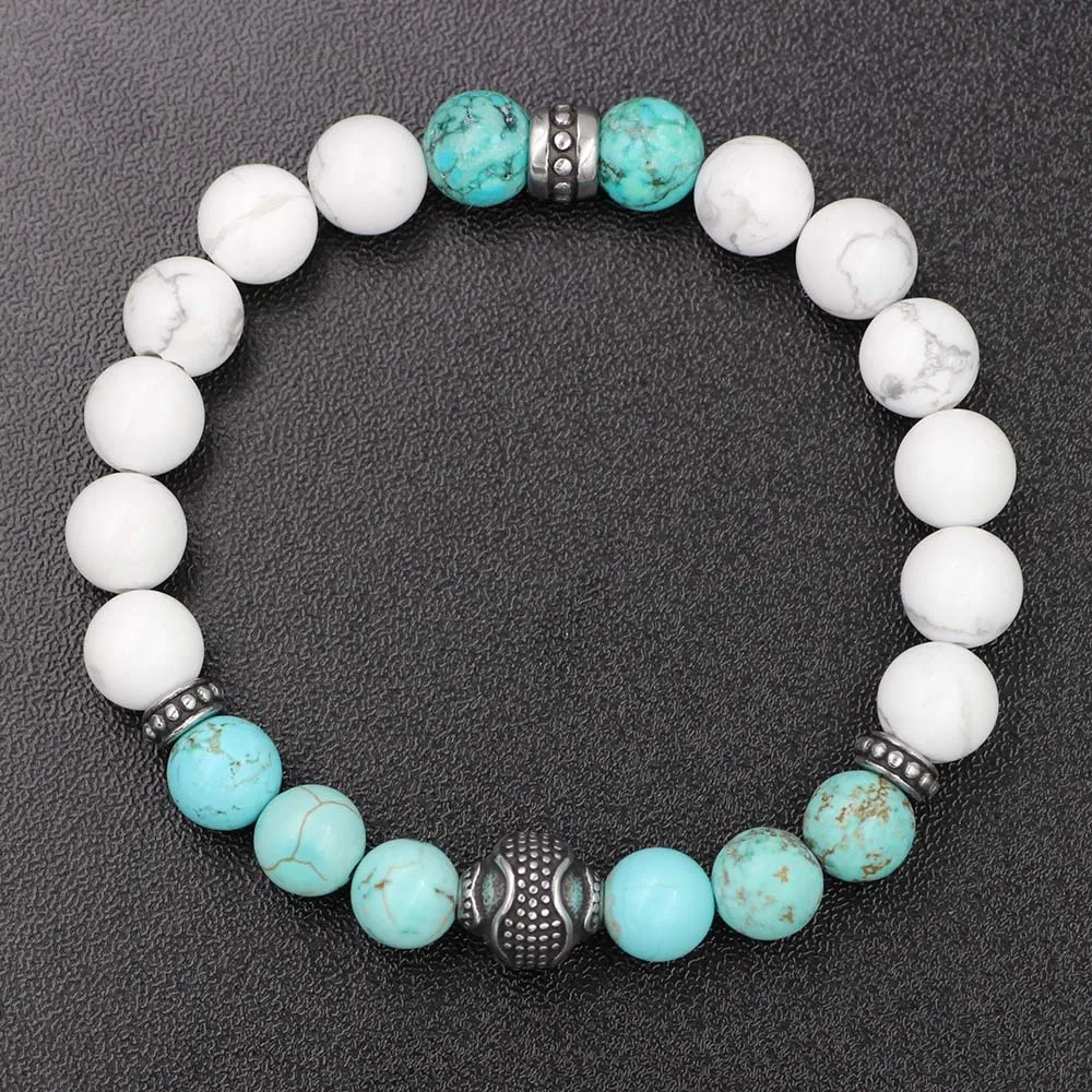 8mm White Blue Turquoises Natural Stone Elastic Bracelet Stainless Steel Ball Beaded Bracelets & Bangles  Jewelry for Men Women