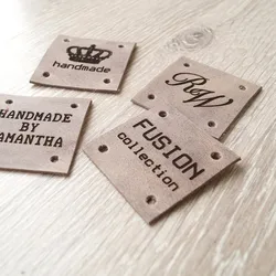 50pcs Personalized leather handmade tags for knitting Custom sewing crochet clothing labels with logo Laser engrave square label