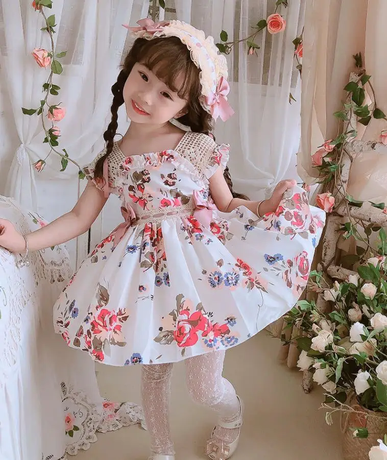 2PCS Summer Spanish Princess Ball Gown Bow Print Sleeveless Vintage Birthday Party Easter Eid Girl Lolita Dress For 12M-6T Y3041