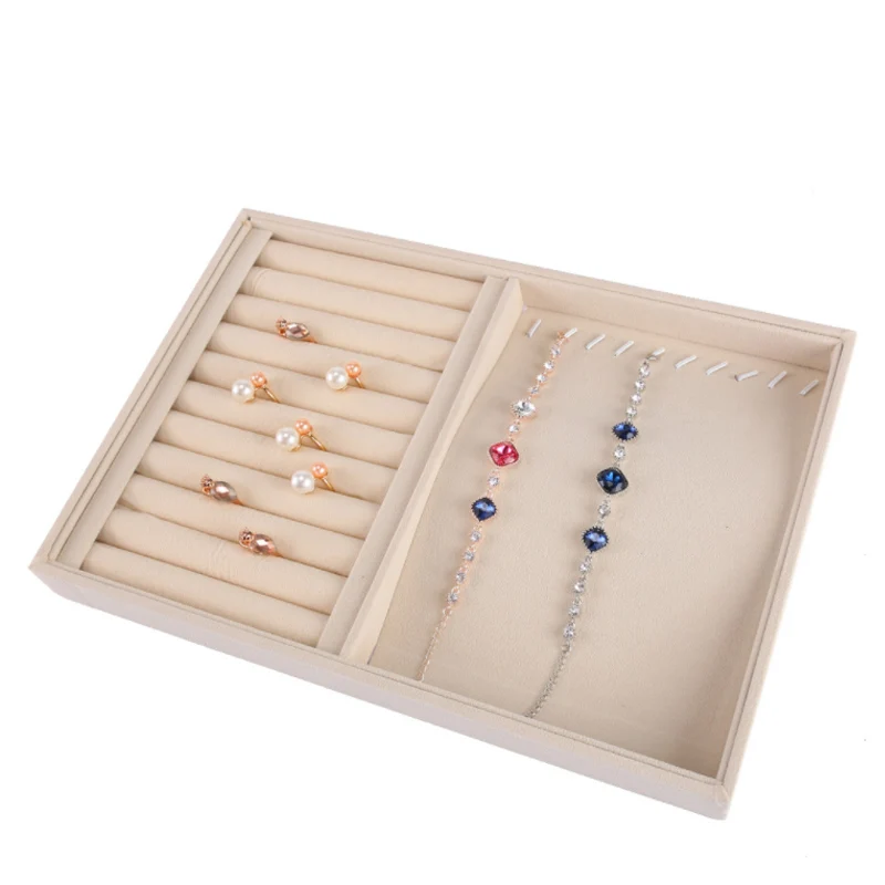 Beige Jewellery Organizer Storage Box Watch Holder Necklaces Rings Earrings Pendants For Women Stand Series Velvet Jewelry Tray