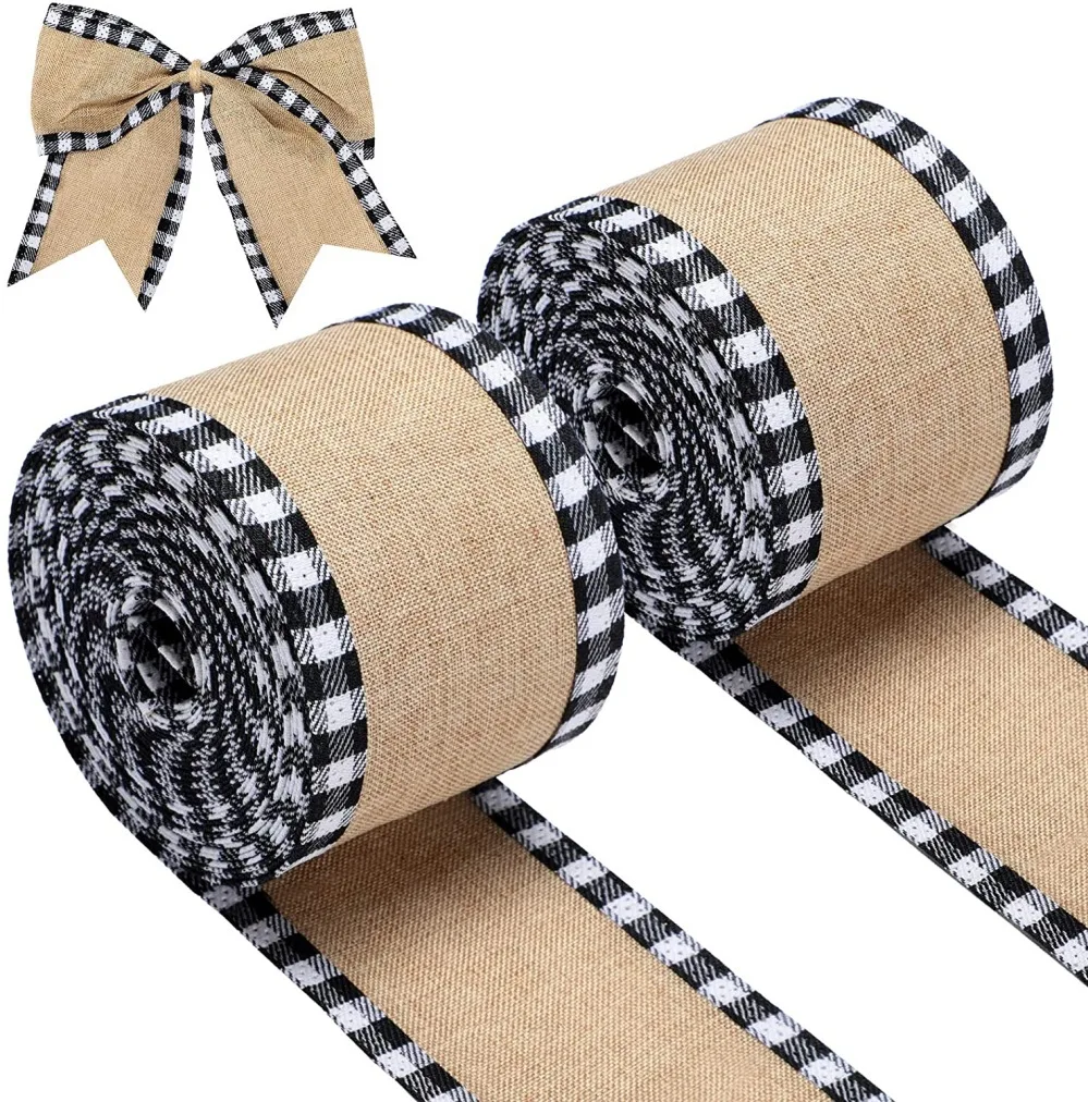 2 Yard Christmas Buffalo Plaid Wired Edge Ribbons Burlap Lace Fabric Craft Wrapping Ribbon Rolls with Checkered Edge 6.3CM Wide