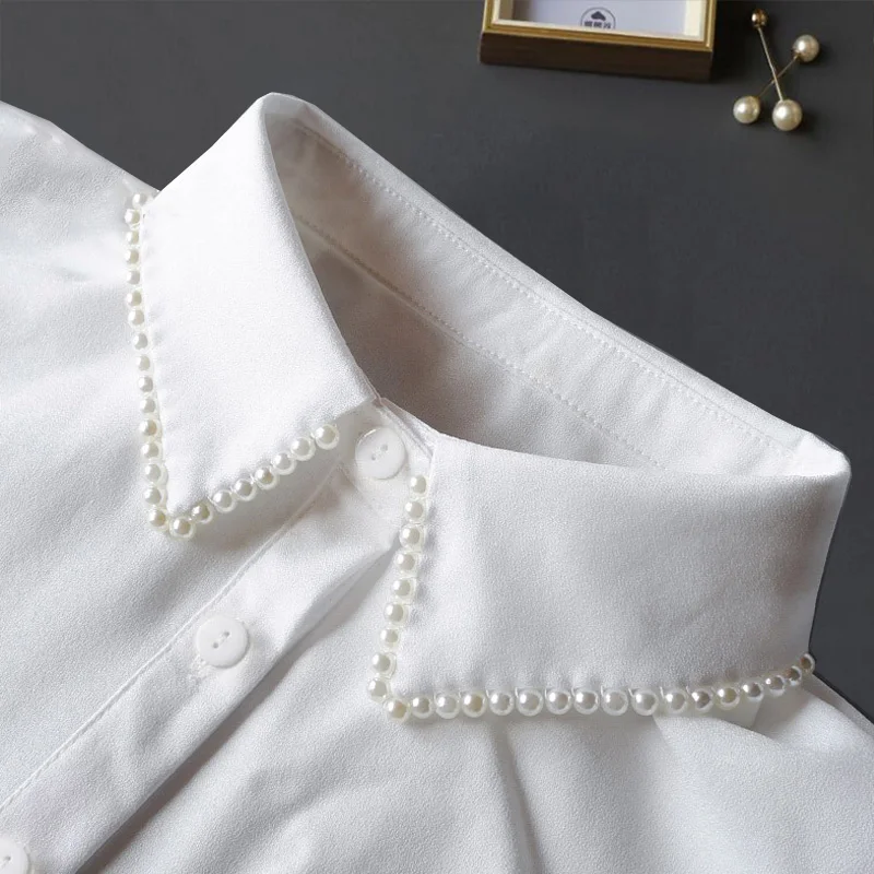 

White Vintage Pearl Fake Collar Shirt Vintage Necktie Chiffon False Collar Woman Female Fake Kragen Detachable Collar Women Det