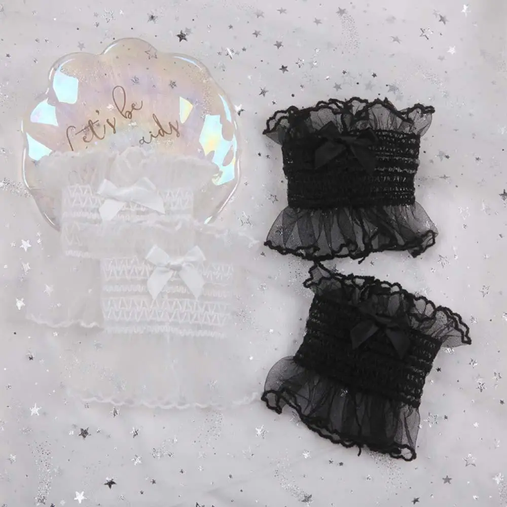 Korean Sweet Lolita Hand Wrist Cuffs Solid Color Bow Lace Maid Gloves For Women Cosplay Girl Party Hand Sleeves