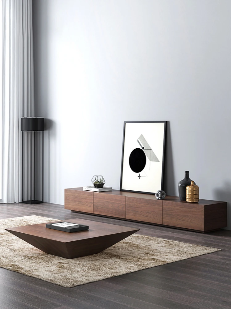 TV cabinet coffee table combination Nordic small apartment modern minimalist living room furniture Black walnut  floor cabinet