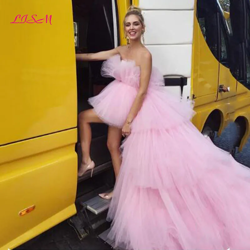 Pink Strapless Ball Gown Prom Dresses Tulle Tiered Pleats Long Evening Formal Gowns Sweet 16 Dress