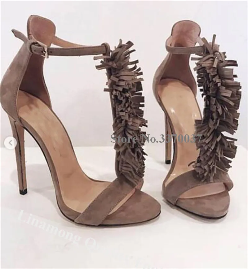 Linamong New Design Open Toe Suede Leather Tassels Stiletto Heel Gladiator Sandals Grey Fringes T-straps High Heel Sandals