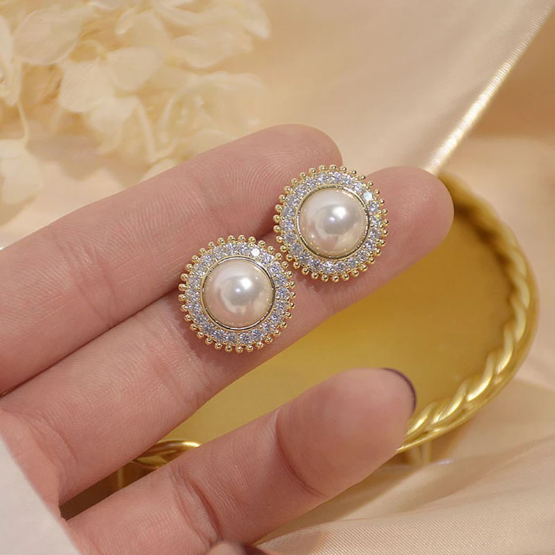 Korean Graceful Simple Rhinestones Imitation Pearl Round Clip on Earrings Non Pierced for Women Girl Ear Clips Weeding Jewelry