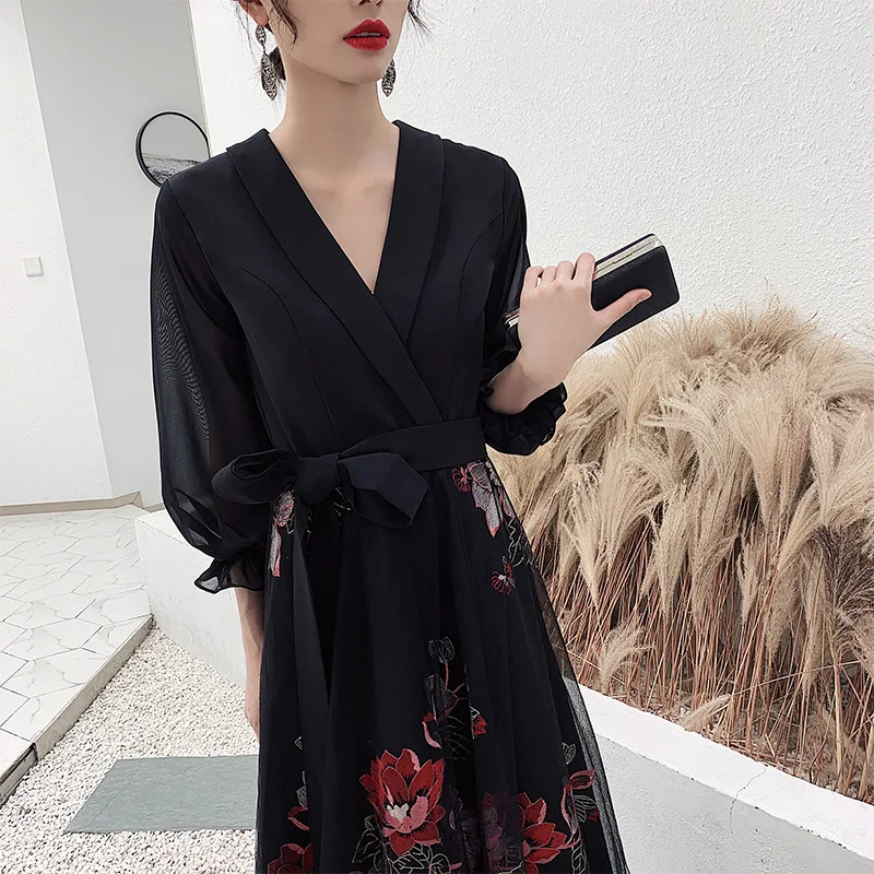 Garis Robe De Soiree Ini Yiiya BR330 Cetak Hitam Malam Gaun Leher V Lengan Tiga Perempat Formal Gaun Panjang gaun Malam