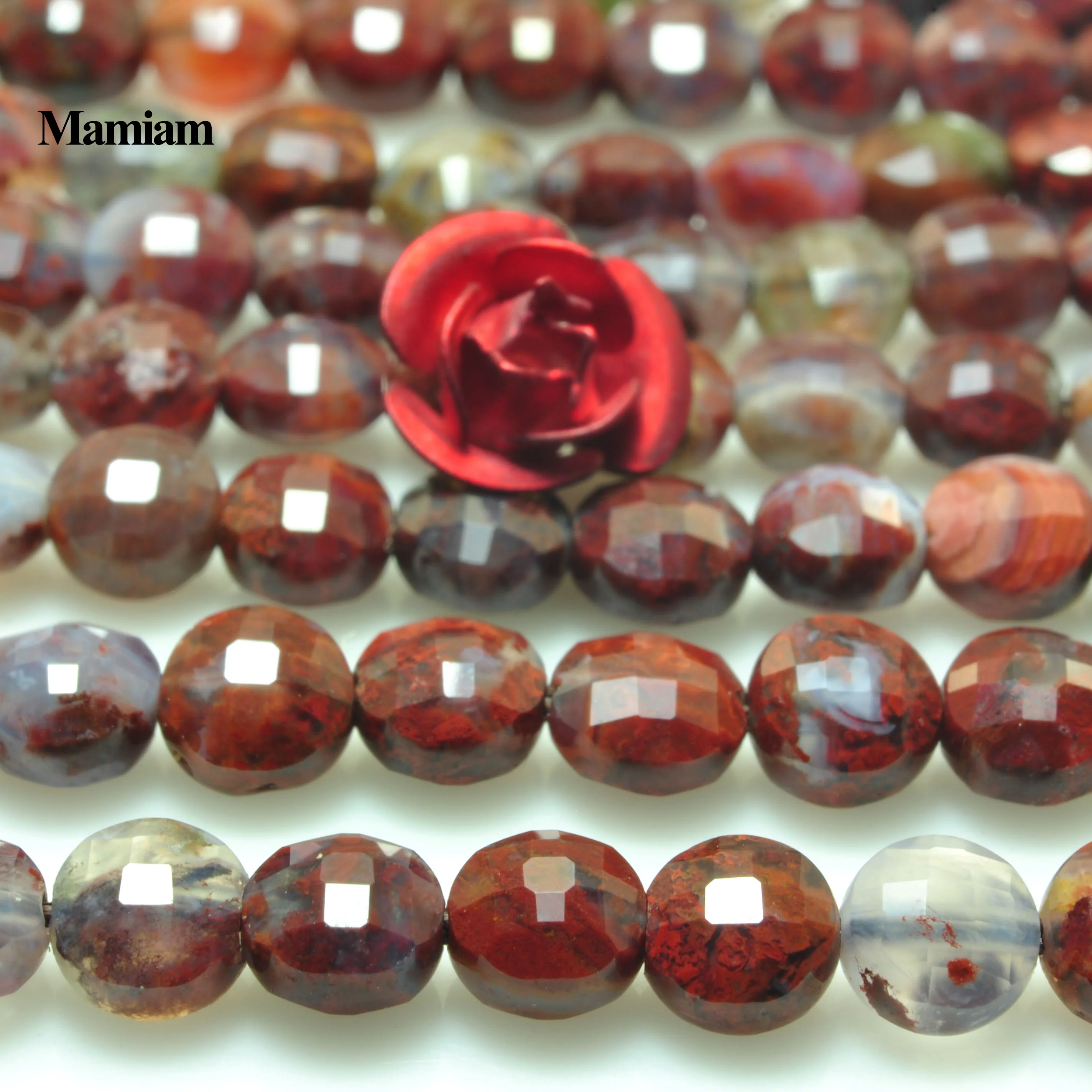 Mamiam Natural Red Heliotrope Bloodstone Faceted Flat Round Stone 4mm Smooth Loose Beads Diy Bracelet Necklace Jewelry Making