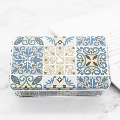 Antique Blue-and-White Pattern Metal Lip Perfume Storage Box Vintage Organizer for Money Coin Candy Keys Reusable Tin Empty Case